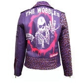 Women’s Purple Silver Studded Leather Jacket | Bold Wobbles Big Printed Patch Cheetah Print Collar & Sleeves Sex Pistols and Dead Kennedys